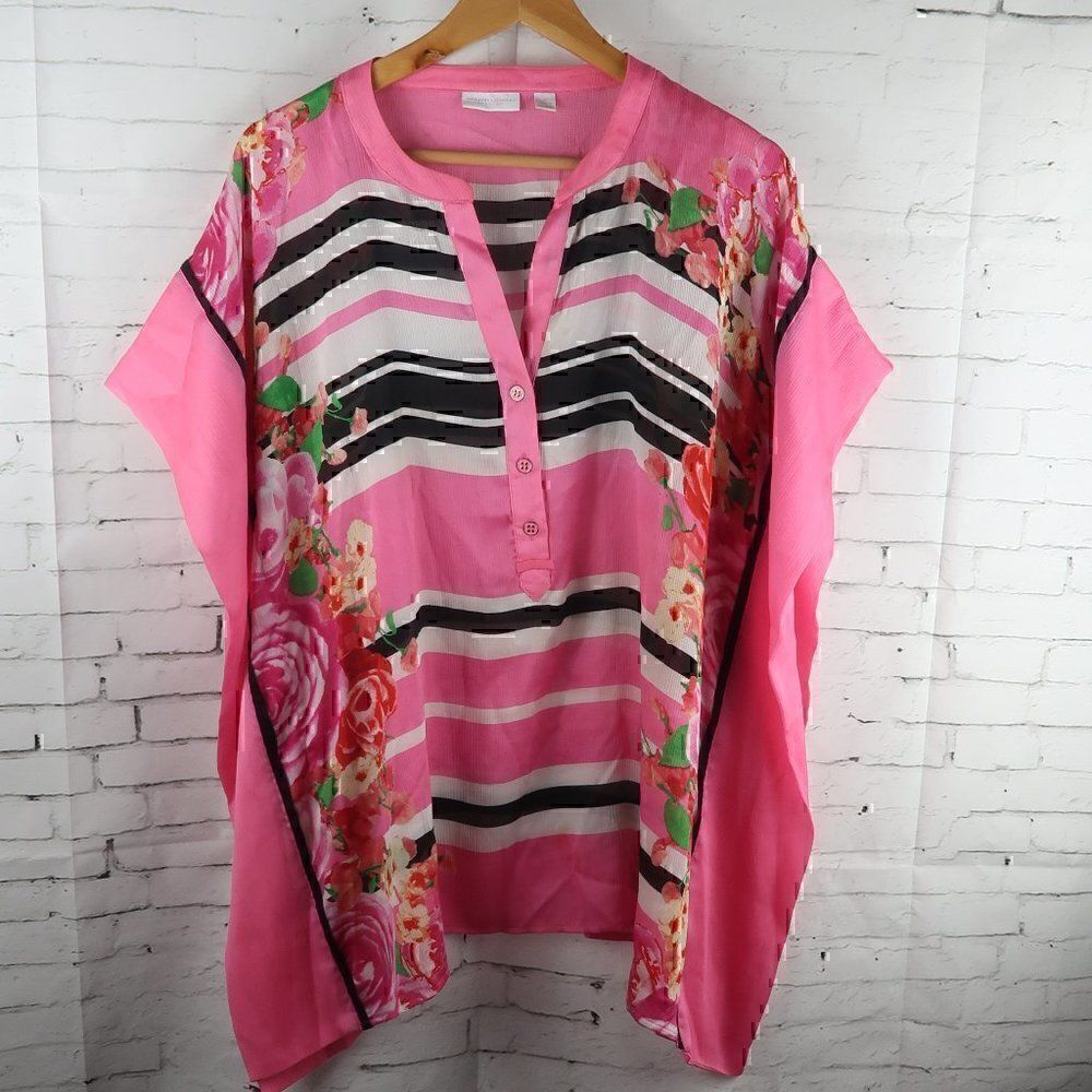 NEW YORK & COMPANY STRETCH PINK BLACK FLORAL V NECK BLOUSE WOMENS SIZE SMALL